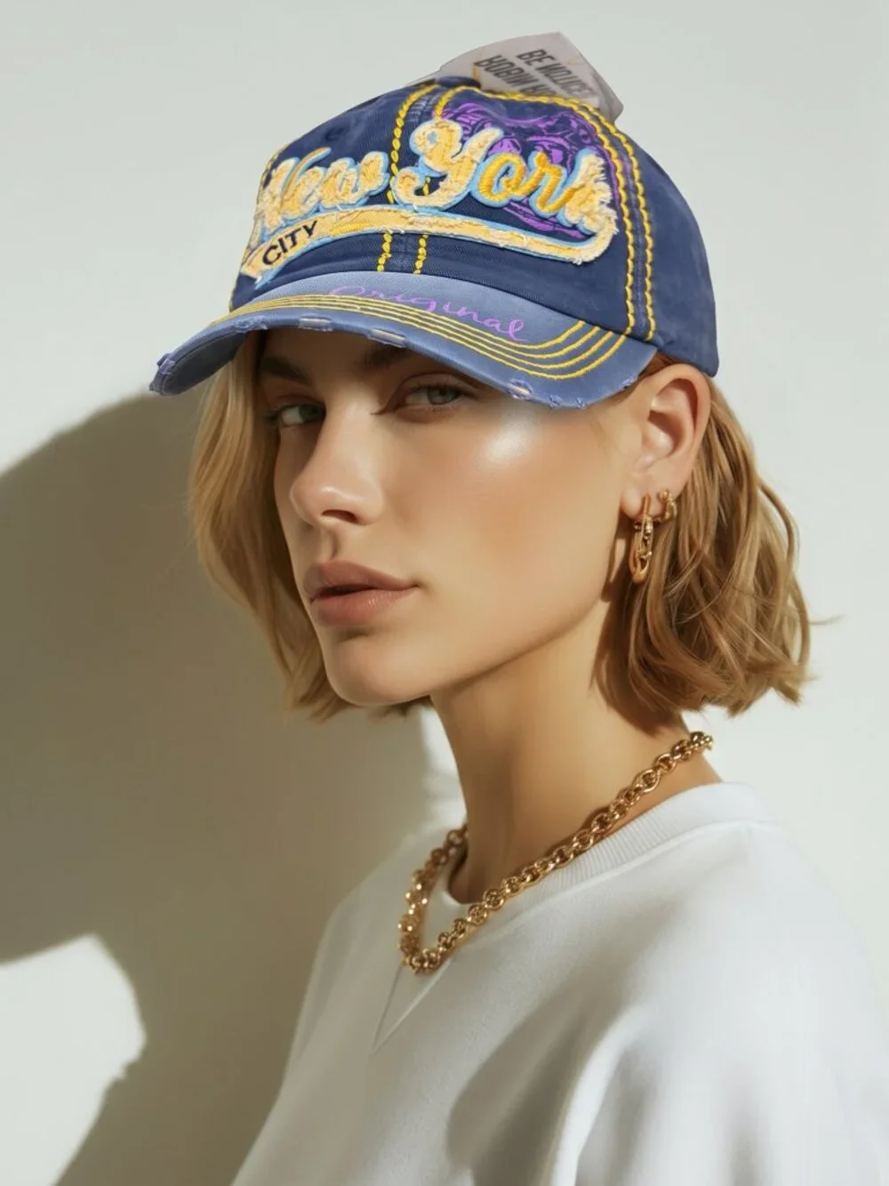New Robin Ruth Denim Baseball Cap Blue Yellow Stitching Be Noticed Original